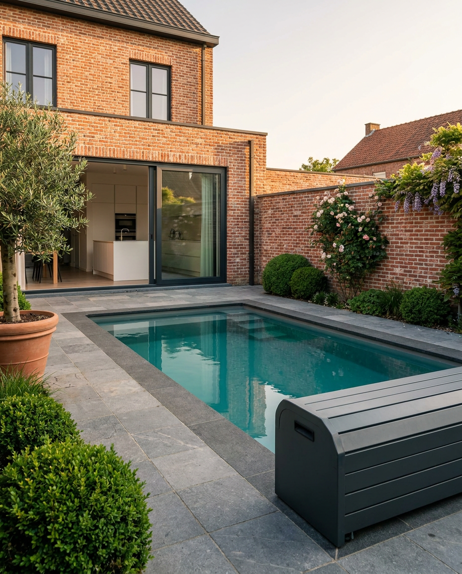 Modern zwembad met poolhouse in een aangelegde tuin
