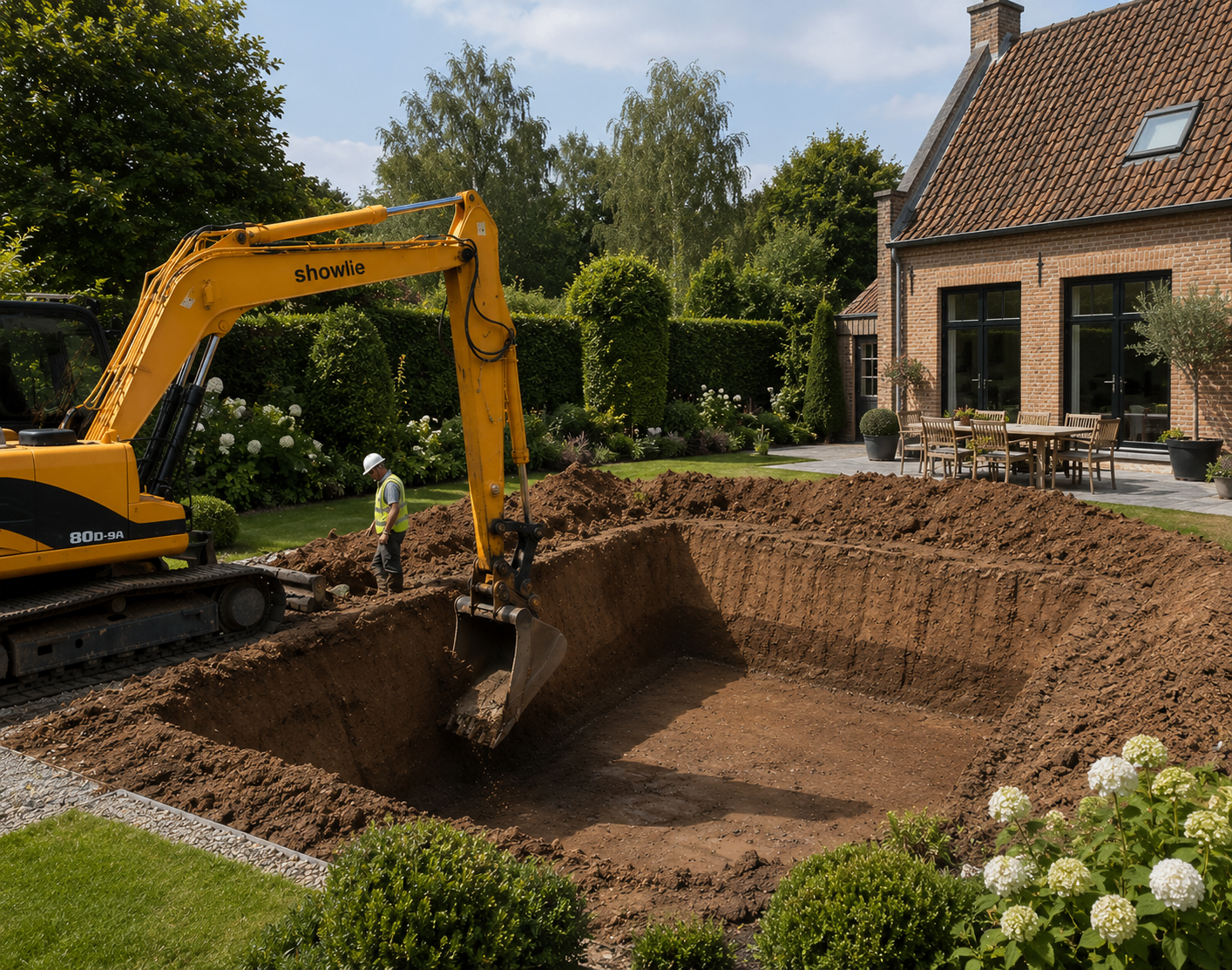 Graafmachine graaft put voor zwembad in tuin