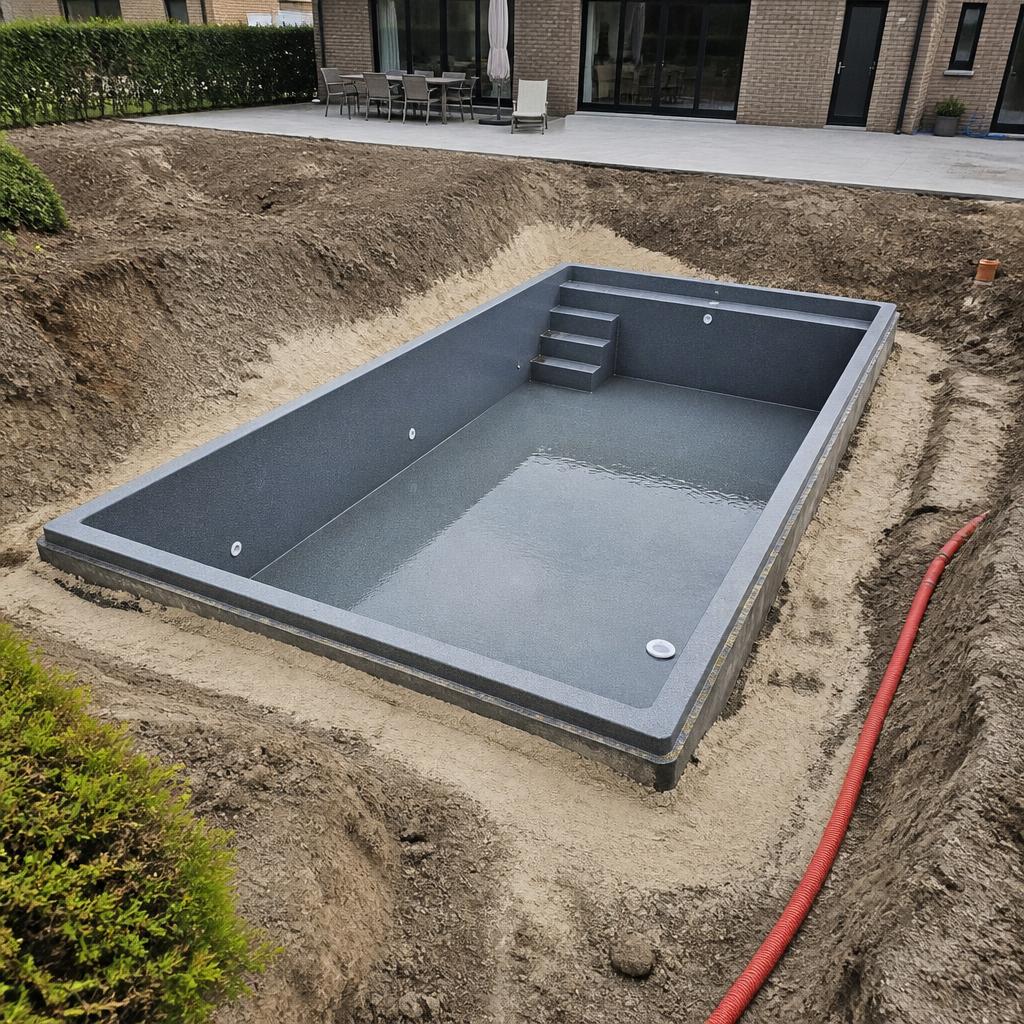 Betonnen zwembadkuip in aanbouw met wapening