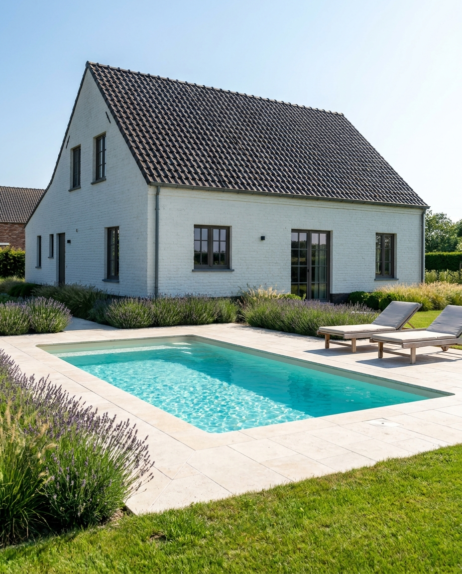 Stadstuin met witte Plons plunge pool en houten schutting