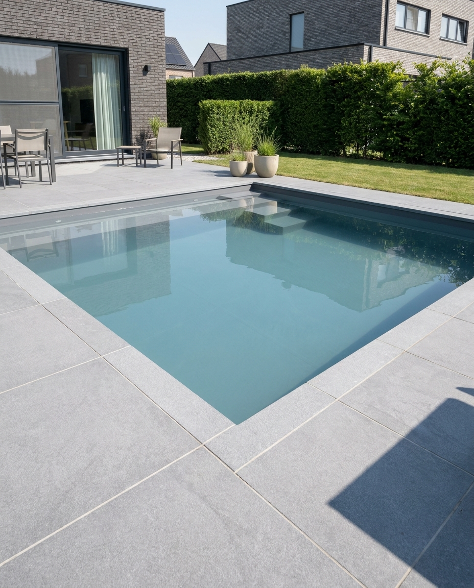 Zwembad met poolhouse bij avondlicht