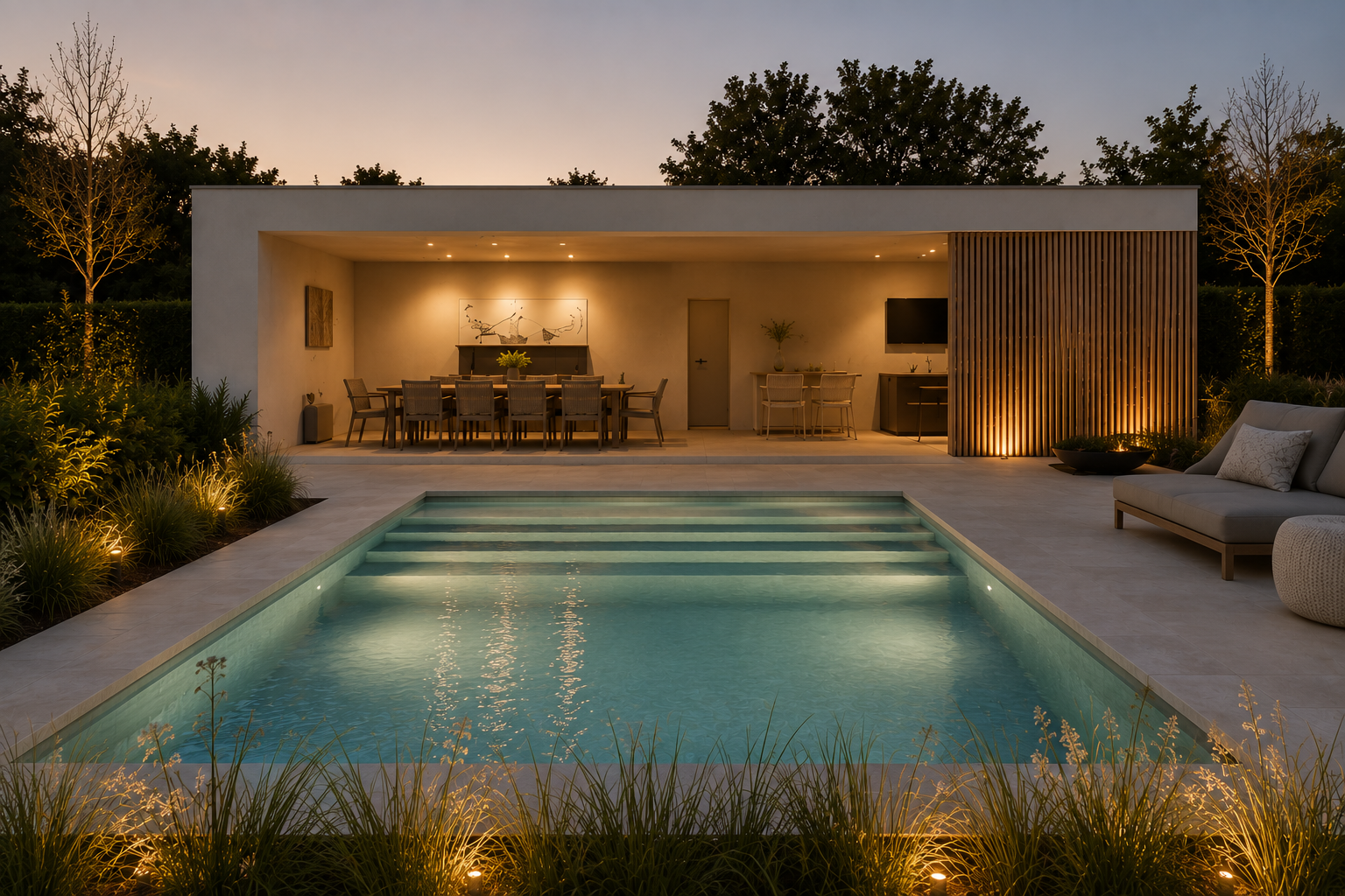 Luxe zwembad bij een modern poolhouse in de schemering