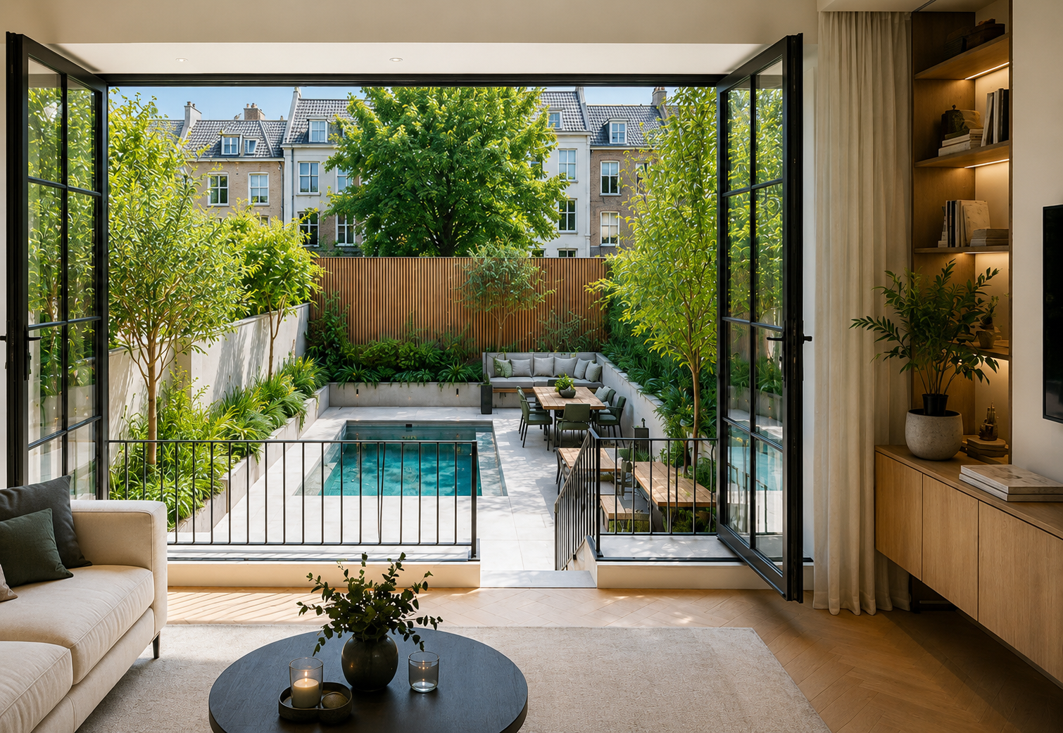 Stadstuin met plunge pool en verdiepte terraszone