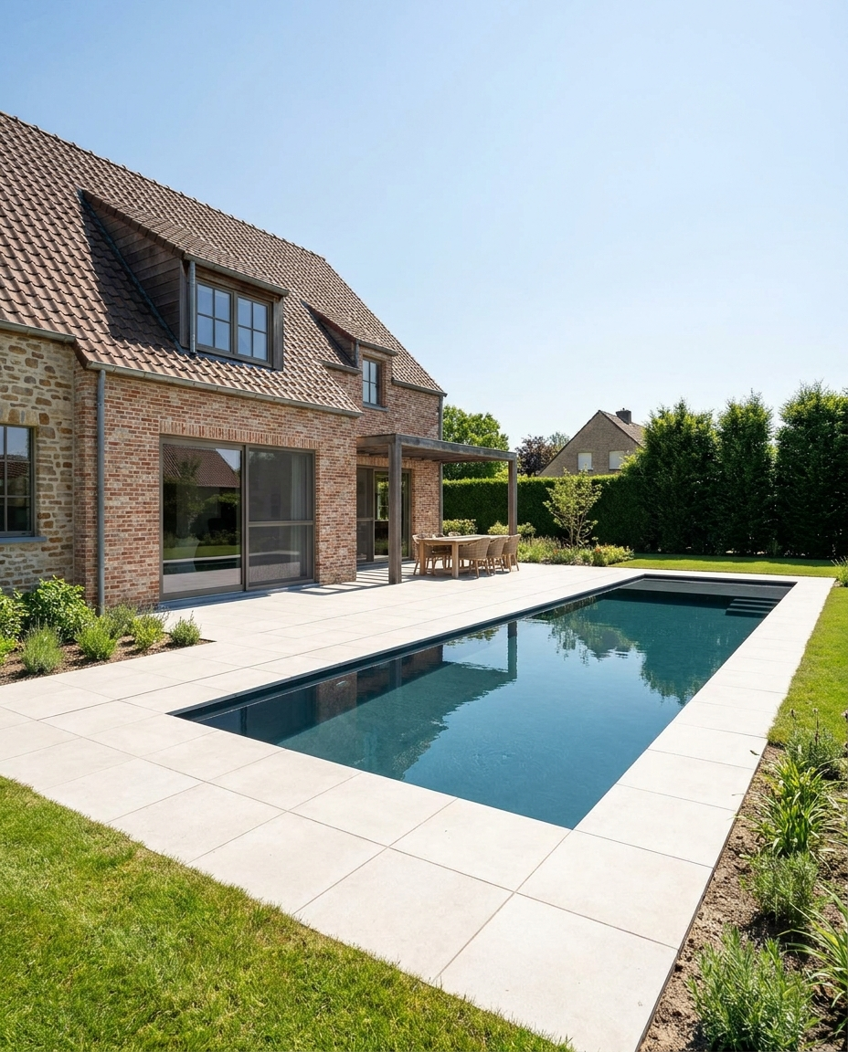 Villa met donker plons zwembad op maat in landelijke tuin